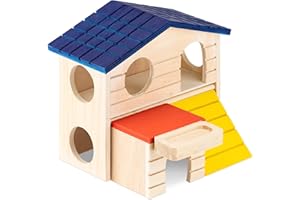 Navaris Hamster Toy House - Wooden House for Hamsters with 2 Floors and Balcony - Wood Playhouse for Small Pet Gerbil or Mouse (16 x 15.5 x 15 cm)