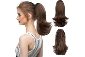 CJL HAIR Short Claw Clip Ponytail Hair Extension Drawstring Synthetic Fake Hairpiece for Women 12" Straight Ponytail with End Curls Medium Brown