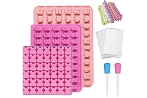 RAFIYU 3 Pieza Paquetes Moldes para Caramelos con 2 Goteros, moldes para hacer gominolas，moldes silicona chuches de Corazón y Oso para Hacer Mini Bombones, en Moldes para chocolates
