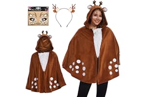 WELLCHY Rentier Karneval Damenkostüm, Rentier Geweih Haarreifen mit Rentier Ohren, Reh Bambi Cape mit Kapuze, Glitter Gesichtstattoo, Reh Tier Kostüm Karneval für Fasching Weihnachten Motto Party