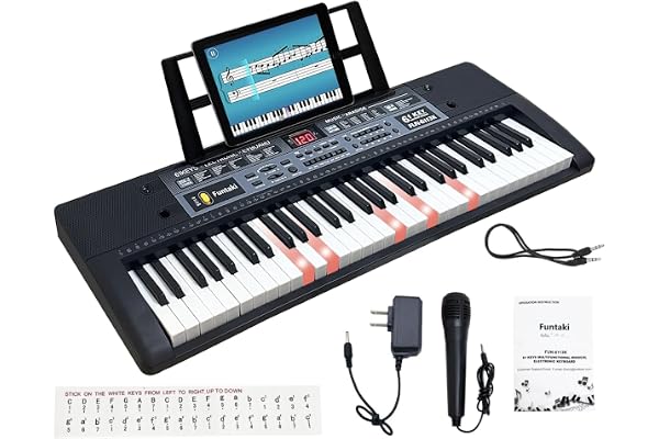 Funtaki Clavier de piano électrique à 61 touches avec touches éclairées, synthétiseur numérique portable avec support, mini clavier musical pour débutants, enfants et adultes Noir