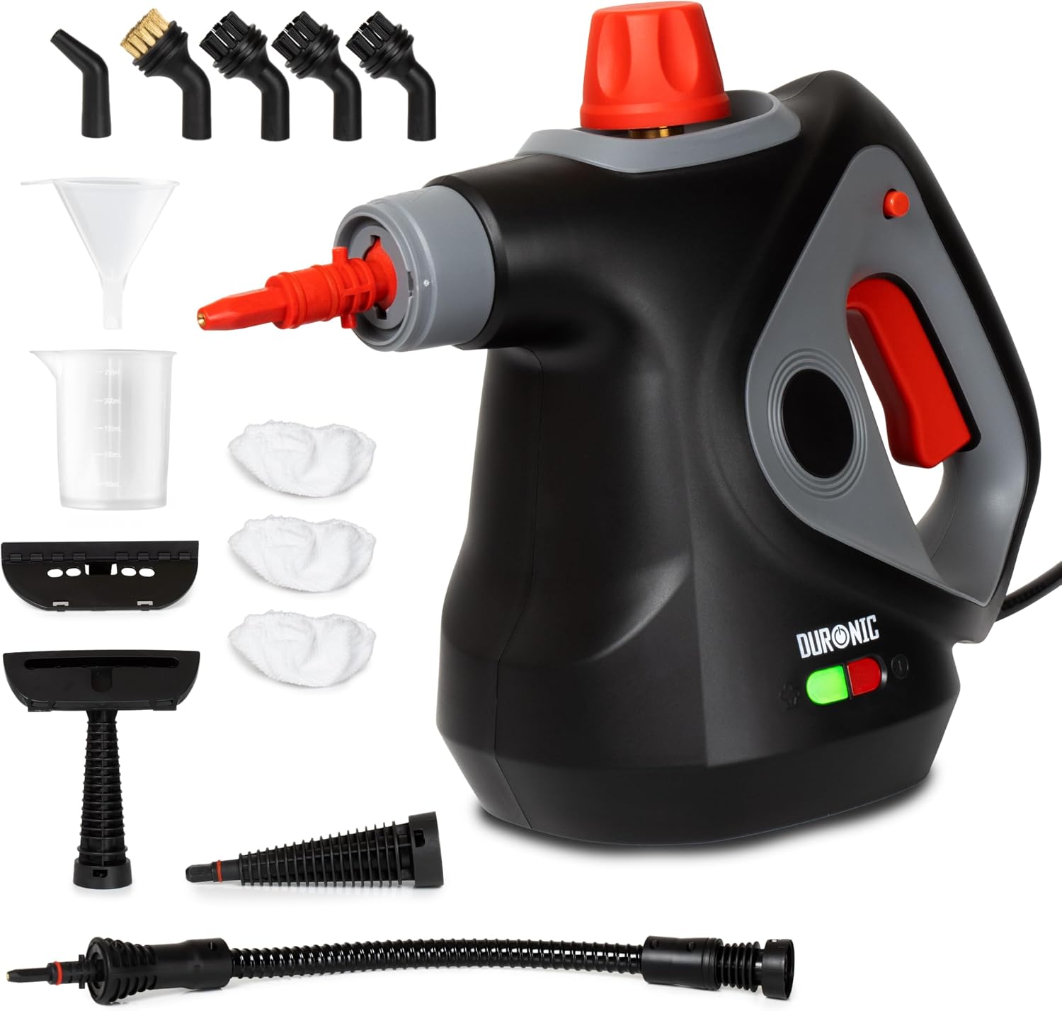 Duronic SC32 BK Limpiador de Vapor de Mano 1050W - Limpiador Vapor Portátil Multifunción Depósito 350 ml para Sofá Tejidos Juntas Ducha Horno Fregadero Ventanas Espejos Limpieza sin Químicos
