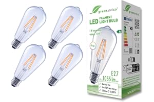 ‎GREENANDCO greenandco 4x żarówka LED | przezroczysta | E27 ST64 | 5W 1055lm | zastępuje 75W | 2700K ciepła biel | 320° | 230V | bez migotania | klasa efektywności energetycznej A | bez możliwości ściemniania
