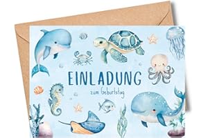 ‎MEINBABY123 MeinBaby123® 10 Einladungskarten Kindergeburtstag Unterwasserwelt für Jungs und Mädchen | Geburtstagseinladungen für Kinder inkl. 10 Briefumschläge | Premium Qualität (Unterwasserwelt)