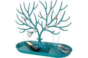 penobon Porte Bijoux, 2 en 1 Support Arbre Bijoux & Plateau à bijoux en plastique, Présentoir à bijoux pour Boucles d'Oreilles, Colliers, Bracelets, Montres et Bagues (Bleu)