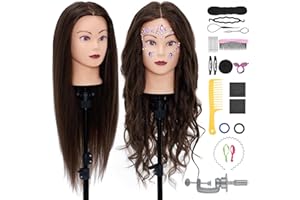 NEVERLAND BEAUTY & HEALTH Neverland Beauty Cabezas de Ejercicio, 71cm Cabeza de Peluqueria Pelo Natural 80% Maniqui Peluqueria + Juego de Accesorios de Peluquería (Marrón-A)