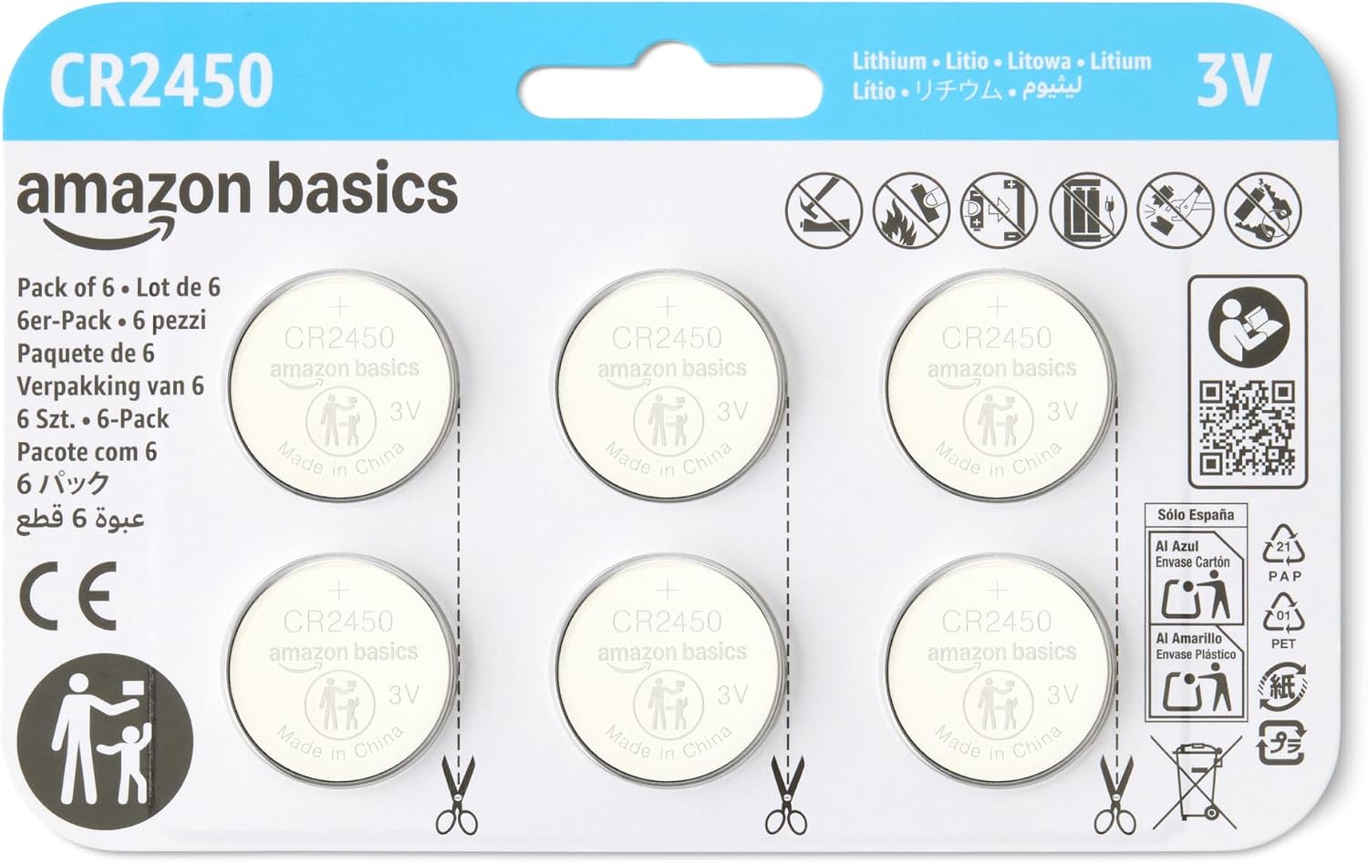 Amazon Basics Paquete de 6 Pilas de Litio CR2450, 3 voltios, Larga duración, sin Mercurio, Paquete Seguro para Niños (USA Tijeras para Abrirlo)