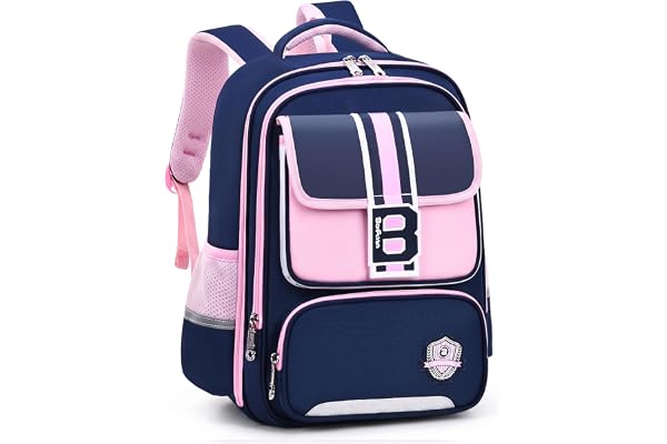 Tanou Skolryggsäck pojkar 1–5 klass, ergonomisk ryggsäck barn, Marinblå-rosa, Mittelgroße, Klassisk