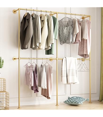 Pamo Industrial Pipe Clothing Rack Gold - Wall Mounted Heavy Duty Clothes Rack, 300 Kg Capacity, Walk-In Closet Storage System - View #12