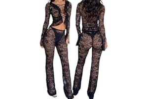 MAHUAOYIXI 2 Pezzi Completo Elegante Donna Trasparente Sexy Pizzo Scollo a V Profondo Manica Lunga Bandage Ricamo a Fiori Scheletro Crop Top+ Pantaloni Aderente Elastici in Vita Sexy Nero