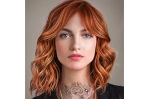 WOKESTAR Bob Curly Wig with Fringe, Short Synthetic Wavy Wigs for Women Red Ginger Color
