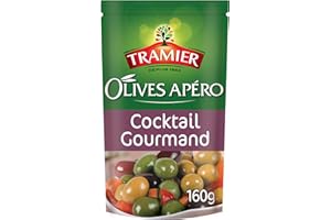 TRAMIER DEPUIS 1863 Tramier Olives Apéro Cocktail Gourmand (1 x 160 g), mélange d'olives vertes et d'olives noires entières idéal pour l'apéritif, mix d'olives et de morceaux de légumes
