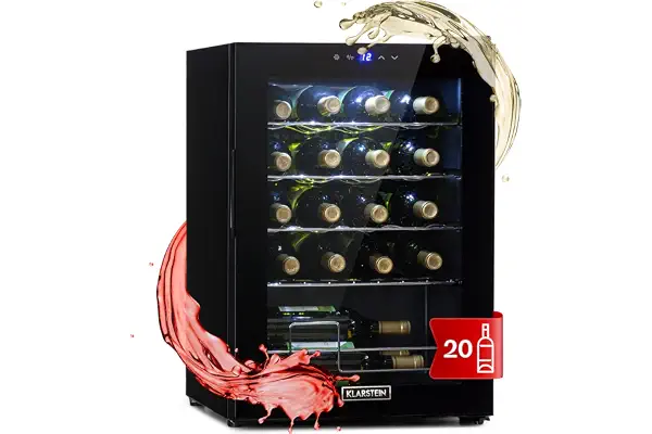 Klarstein Vinoteca, Nevera para Vinos con 1 Zona de Refrigeración, Botellero para Vinos, Cerveza, Prosecco, Expositor Interior y Exterior, Panel Táctil, 53 L., Vinoteca Capacidad 20 Botellas
