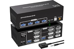 VPFET 8K Displayport KVM Switch 2 Computer 3 Monitors 4K144Hz 8K60Hz Triple Monitor KVM Switches DP 1.4 witch 4 USB 3.0 for 2 PC Share 3 Monitors With DC12V Adapter and 2 USB Cables