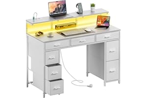 HLFURNIEU Scrivania con 8 Tessuto Cassetti, Tavolo Gaming con Presa di Corrente & Porta USB, Scrivania PC Salvaspazio con LED, Tavolo Ufficio con Supporto per Monitor (Bianco, 120 × 50 cm)