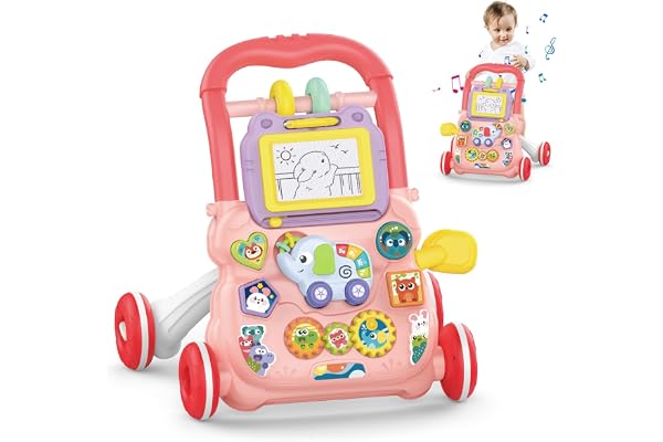 KalaDuck Marcheur D'apprentissage Assis-Debout, Jouet 2 En 1 Pousser pour Bébé avec Musique et Tableau de Dessin, Centre D'activités Éducatives Multifonctionnel pour Enfants Filles Garçons 12M+ (Rose)