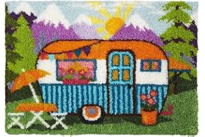 VIONNPPT Cartoon Auto Muster Knüpfteppich Zum Selber Knüpfen Knüpfset, Latch Hook Kit Selbst Teppich Set, 3D Kreatives Geschenk Tapisserie Für Erwachsene Kinder (Camping,50cmx38cm)