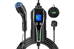 ENERHUB Electric Car Charger Type 2 to 3 Pin Plug, EV Charging Cable with LED Indicators, 6-13A, Delay Timer, 3 pin ev charger 3.3kW Max, Large OLED Display, IP67 Waterproof with Carry Bag-6M