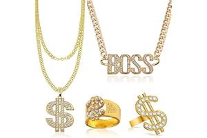 URHRHU 4 PCS Hip Hop Costume Kit 80s/90s Hip Hop Fancy Dress Accessories BOSS Necklace Dollar Necklace Rap Sunglasses Bracelet for Masquerade Party Carnival Rapper Concert