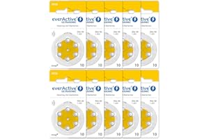 everActive 10 60 Pilas para audífonos de Alta Potencia, Pilas de Zinc-Aire, 10 blísteres, 4 años de Vida útil, Amarillo, ultrasonic PR70
