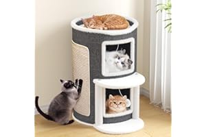 Bertifive 2 Tier Clawsable Cat House, Semi Enclosed Cat Beds for Indoor Cats Hideaway, Large Cat Cave Bed with Scratch Pad, 2 Layer Pet Condo with Hanging Ball & Stair for Muti Kitten 40 * 40 * 60CM