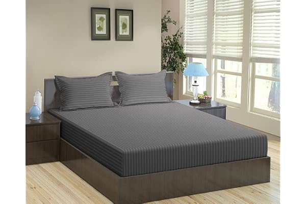 Trance Home Linen 100% Cotton 78x60 inch Queen Fitted 200TC Satin Stripe Elastic Fitted Bedsheet Daily Use Double Bed Fitted Bedspread with 2 Pillow Covers (78"x60" 6.5x5 ft, Dark Grey)