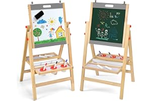 LIFEZEAL Lavagna 2 in 1 per bambini, cavalletto regolabile in altezza, in legno, pieghevole, con lavagna a gesso e lavagna, con accessori e ripiano (grigio)