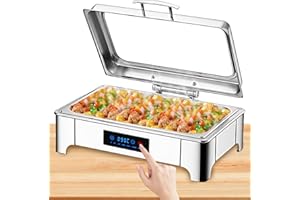 ‎BOVDC BOVDC Chafing Dish Electric 9L, Stainless Steel Electric Warming Container, Adjustable Temperature, Rectangular Chafing Dish Set, Food Warmer with Visible Glass Lid (B, Full Pan)
