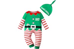 LIKPOJA Newborn Baby First Christmas Elf Outfit One-Pieces Baby Christmas Dress Up Santa Costume with Elf Hat for Toddler Baby Girls and Baby Boys