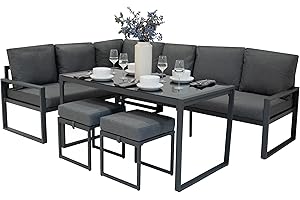 MONSTER SHOP Conjunto Sofá Esquinero de Aluminio 7 plazas | Gris Antracita | Sofa + 2 Taburetes + Mesa con Tapa de Vidrio + Funda Impermeable | Cojines Lavables, Diseño Moderno y Resistente para Jardín Terraza
