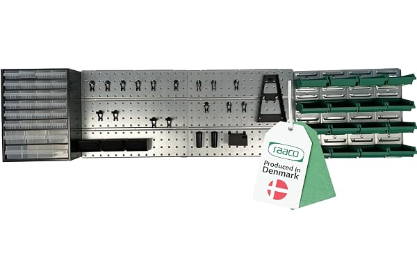 Raaco Start Set 1, Mur d'Outils avec Panneau Perforé + Porte-Outils + Boîtes de Rangement Visserie + Casiers à Tiroirs pour Système d'Organisation d'Atelier, 186,6 x 44 cm, Stable & de Haute Qualité