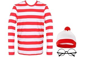 LOVETRENDS Adults Find Me Costume - Long-Sleeved Red and White Striped T-Shirt, White & Red Bobble Hat, Round Glasses - Adults World Book Day Book Week Fancy Dress Costume