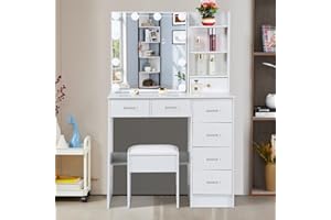 Umeiga Small Dressing Table Set with Hollywood LED Lights and Stool, Modern Makeup Desk with 6 Drawer, 35.4" W Vanity Table for Women and Girls, White Bedroom Dresser