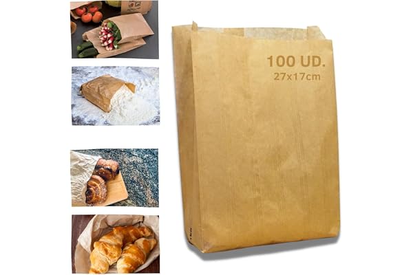 Grupo Darik Förpackning 100 st bruna kraftpapperspåsar för matning 27 x 17 cm, bageriväska, kraftpapperspåse, hantverksväskor, snackspåsar, godispåsar