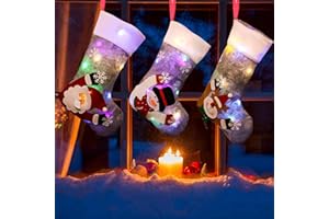 LEIKURVO 3er Weihnachtsstrumpf Set: 30x20cm Nikolausstrumpf mit LED Christmas Stockings Leuchtende Weihnachtssocken Süßigkeiten Geschenktüte Nikolausstiefel zum Befüllen Weihnachtsmann Schneemann Rentier
