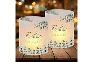 CADIMUS 12 Windlicht Tischdeko Schön DASS Du Da Bist, Windlichter Eukalyptus Grün, Windlichter für Geburtstag Hochzeit Konfirmation Kommunion Taufe Tischdeko, Geeignet für Teelichter oder Kerzen