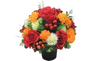 JUST BECAUSE SILK FLOWERS Artificial/Silk Flower Arrangement in Grave pot, 25cm in warm autumn shades with red roses and berries