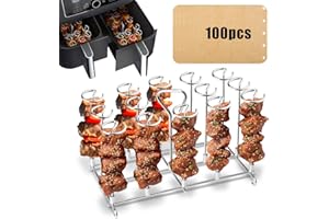 BESPOTCL 304 Edelstahl Vertikalspieß-Set Kompatibel mit Ninja Foodi Heißluftfritteuse AF300EU AF400EU - 14 Grillspieße Halterung mit 100 Stück Fettauffangpapier - BBQ Grillrost Luftfritteuse Zubehör