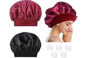 QEEQPF 2 morbidi cappellini da notte da donna, per dormire di notte, in raso, larghi e stretti, con 5 cuffie da doccia trasparenti usa e getta in plastica.
