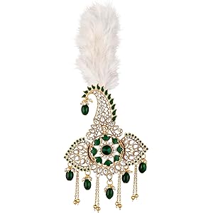 Mahi Green and White Crystals Kalangi with Feather Pagri Turban Brooch for Groom/Men (KL1001019GGre)