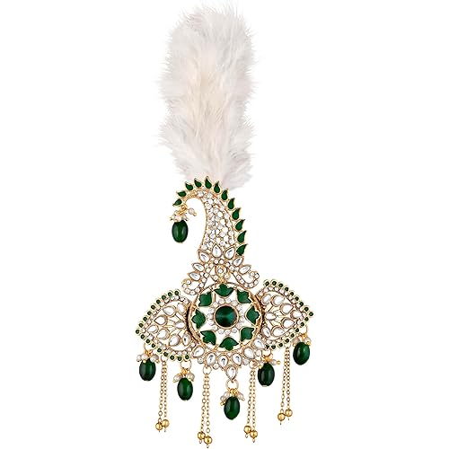 Mahi Green and White Crystals Kalangi with Feather Pagri Turban Brooch for Groom/Men (KL1001019GGre)