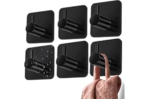 4smile Self Adhesive Hooks - 6 pcs Strong Black Sticky Hooks for Hanging Towels - Stick on for Heavy Duty Waterproof, Bathroom Towel Rail, Tea Towel Holder