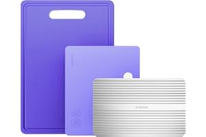 Linoroso Planche a Decouper Plastique 3 Set Grande Planches à Découper de Cuisine avec Rainuré Petite Planche à fruits Plateaux de décongélation Rapide Antidérapant Résistant aux Coupure - Violet