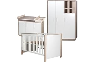 roba Chambre Bébé Complète Olaf - Lit Évolutif 70 x 140 cm + Commode à Langer + Armoire à 3 Portes - Blanc / Décor Bois