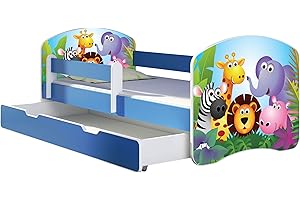 ACMA Letto per Bambino Cameretta per Bambino con Materasso Cassetto II BLU (01 Zoo, 140x70 cm + Cassetto)