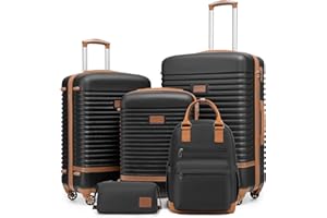 COOLIFE Valise, 5 Pièces Set de Valise avec Sacs de Voyage et Trousse de Toilette pour Les Voyages en Famille, Serrure TSA et roulettes Pivotantes à 360° (Noir/Marron, Set 5 Pièces)