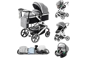 Kakbgee Carrito Bebé 3 en 1, Cochecito Bebe con ECE R129 Asiento de Coche, Cochecito con Mango Ajustable de Altura, Cochecito Carro de Visión alta con Marco de Aluminio (0-4 Años, 22 KG)