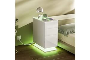 PIPIPOXER Nachttisch Weiß mit Steckdose & USB, Nachttisch LED mit 2 Schubladen, Nachtschrank Nachtkommode Led 16 Farben Beleuchtung Beistelltisch für Schlafzimmer, 50x30x63cm