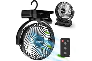 Simpeak 10000mAh Camping Ventilator Tischventilator, Mini USB Ventilator leise, Clip Fan mit Fernbedienung und LED Licht [3 Geschwindigkeit] [720° Drehung] - Schwarz