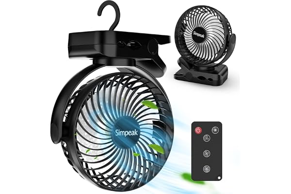 Simpeak 10000mAh Ventilateur USB avec Télécommande Mini Ventilateur Portable de Camping Ventilateur de Table Pince avec 3 Vitesses| 3 Modes de Lumière LED| Rotation à 720°